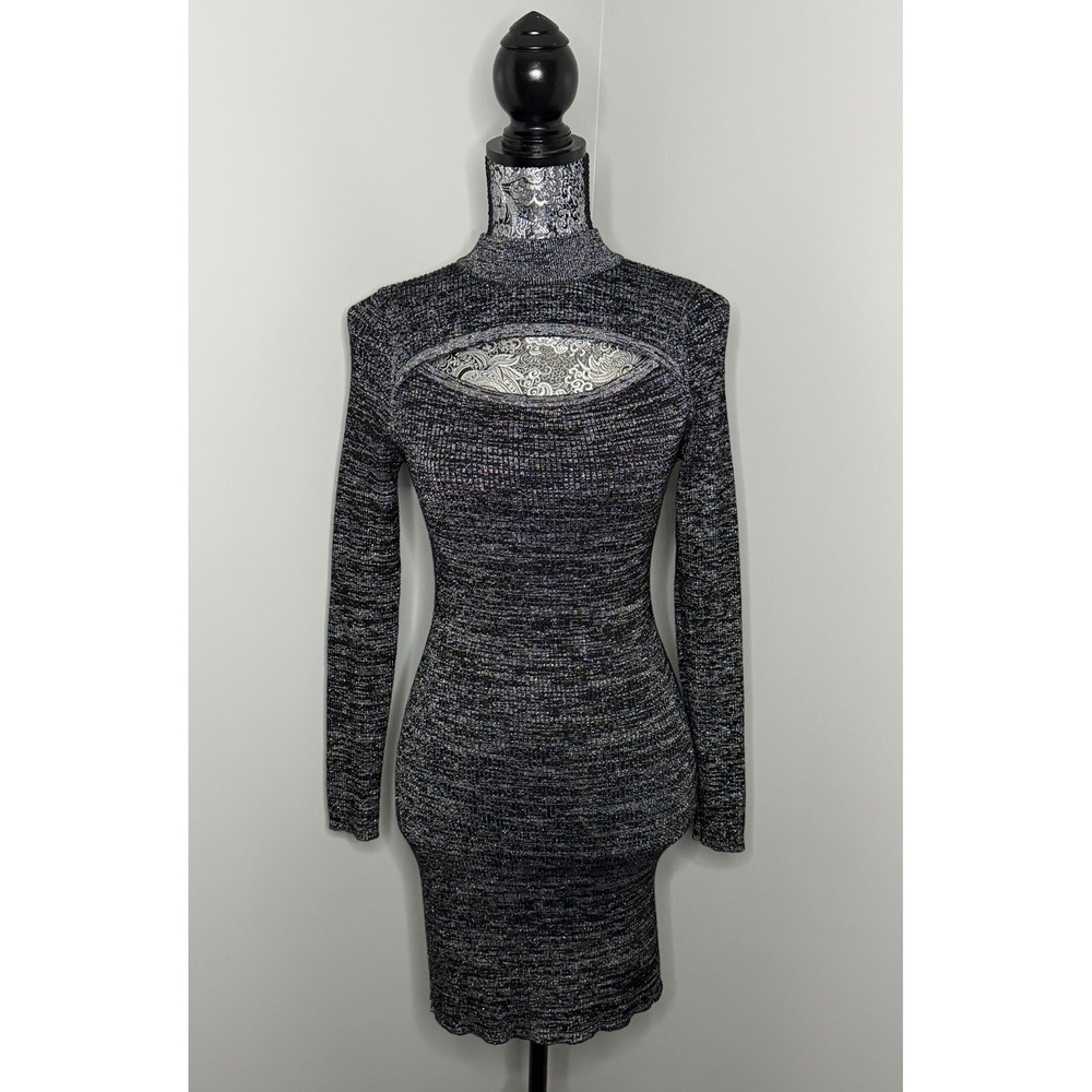Derek Heart Womens Black Silver Metallic Keyhole Knit Dress Large Y2K Inspired